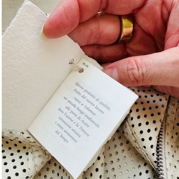 NWT Brunello Cucinelli Tan Cream Laser Cut 100% Leather Bomber Jacket 48 / XL - Picture 8 of 16